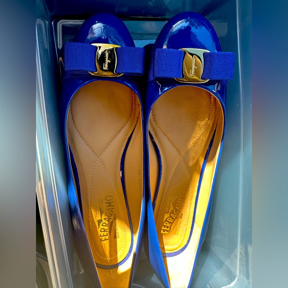 Never worn Salvatore Ferragamo Patent Leather Blue Flats 10 1/2.
